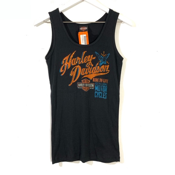 Harley-Davidson Women/'s Tank Top Black Ribbed w// Orange Graphics XL